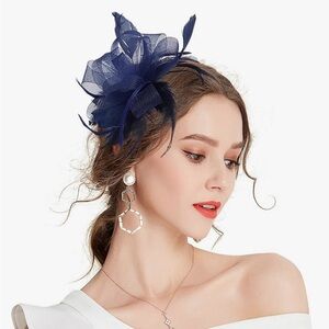 Navy Blue Fascinator with Feathers mesh ribbon clip or headband